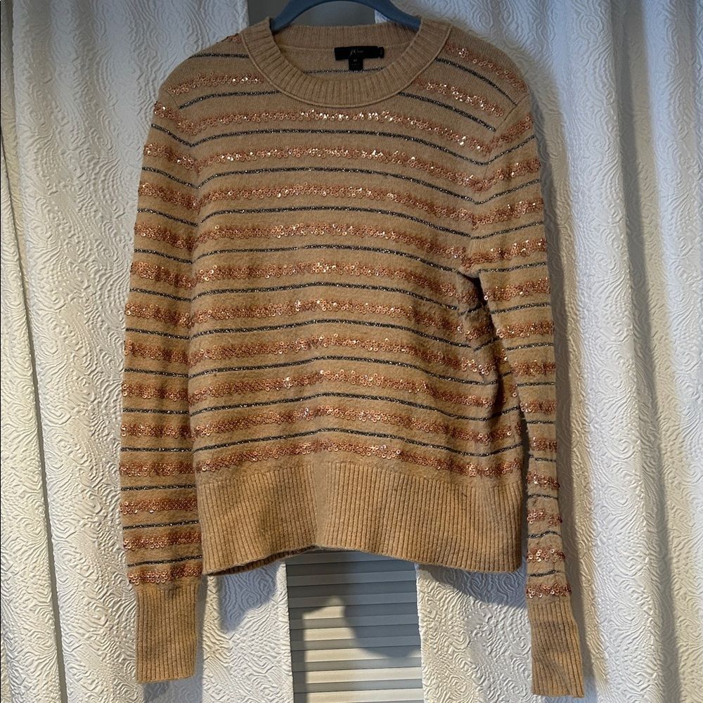 J. Crew Camel Sequin Striped Supersoft Merino Wool Alpaca Blend Crewneck Sweater